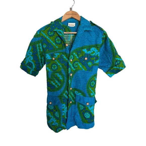 Vintage 70's McInerny Hawaii Hawaiian Blue Tropical Psychedelic Short Sleeve Top - Picture 1 of 8